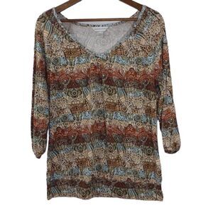 Christopher & Banks Earthtones Tribal Print Tunic Scoop Neck 3/4 Sleeve Stretch